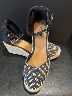 Sperry Black and White Woven Espadrille Wedge Sandals
